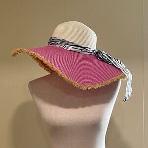 Women’s Floppy Beach Vacation Sun Hat With Scarf Band Summer Pink Multi OS